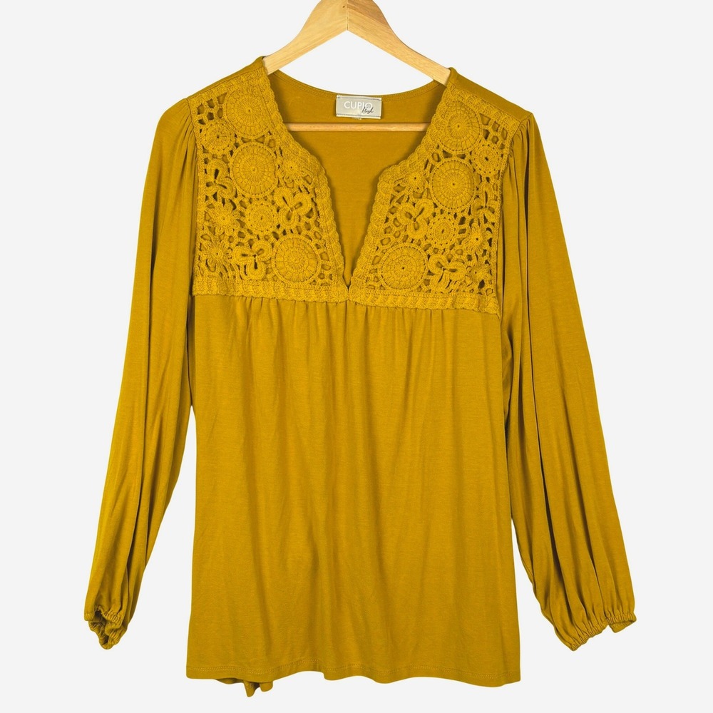 Boho Peasant Long Sleeve Womens Top Cupio 1X Mustard Crochet Hippie Festival